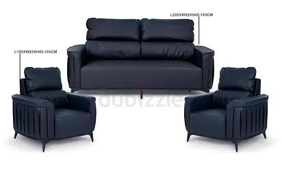 3-Piece Black Leather Sofa Set — 3-Seater + 2 Armchairs