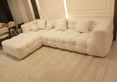 Cream L-shaped Tufted Sofa with Ottoman —Boucle Fabric