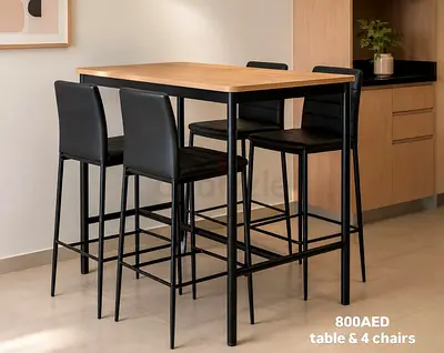 Wooden Top Bar Table with 4 Black Leather Bar Stools - Used
