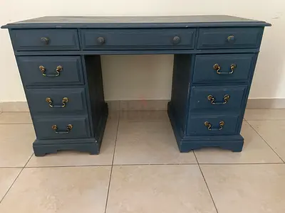Solid wooden double pedestal desk with 7 drawers - painted navy
