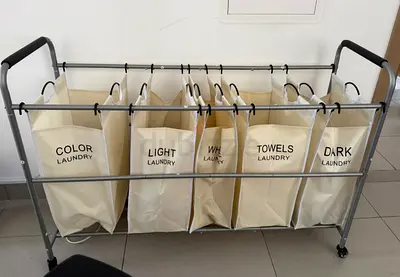 5-Bag Rolling Laundry Sorter with Metal Frame (White Canvas Bags)
