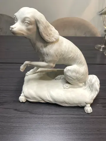 Antique statue , Biscuit Porcelain Figure Dog 19th Century Sign.