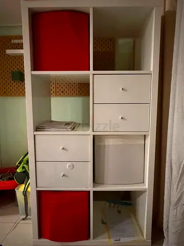 IKEA Kallax 2x4 Shelf White | 4 Drawers + 2 Red Baskets +2 white baskets   | Nshama Town Square