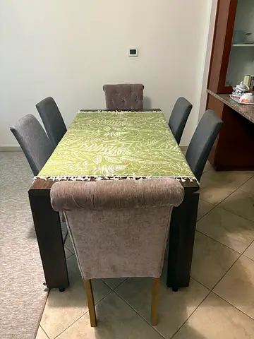 Solid Wood Dining Table with 6 Upholstered Chairs