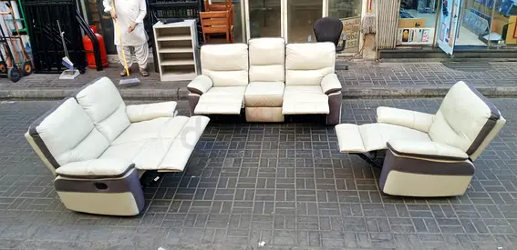 Cream and Brown Leather 3-Piece Recliner Sofa Set - Good Condition