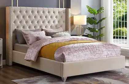 Tufted Wingback Bed Frame in Cream Fabric