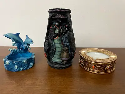 Set of 3 Decorative Collectible Ornaments — Dolphin Figurine, Egyptian-style Vase, Brass Ashtray