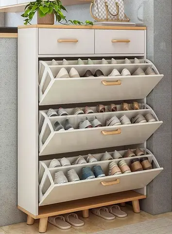 Wooden Tilt Shoe Cabinet with Drawers - 3 Tier, Holds Multiple Pairs