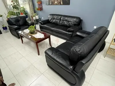 Black Leather 3-Seater Sofa Set with Armchair