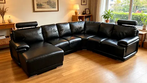 Black Leather Corner Sofa with Chaise - Good Condition