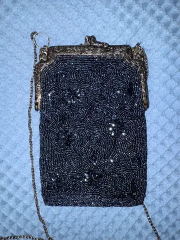 Antique 1920s Double Frame Black Beaded Purse with Original Mirror Art Deco