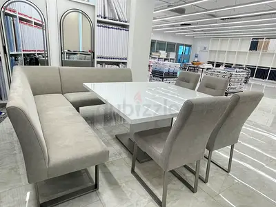 Modern L-shaped Dining Bench Set with Table and 3 Chairs - Light Grey