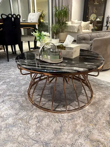 Round Black Marble Coffee Table with Metal Base - Excellent Condition