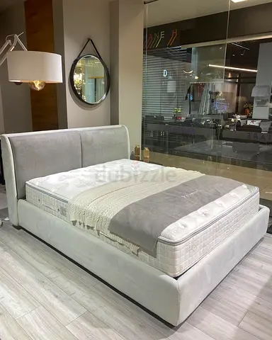 Queen upholstered platform bed - light grey