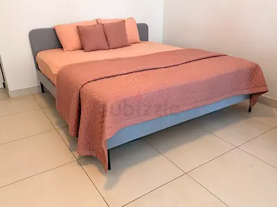 Modern grey fabric double bed frame with pocket spring mattress - good condition