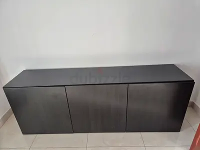 Dark Wood TV Cabinet / Shelving Unit with Glass Top - 3 Door Storage