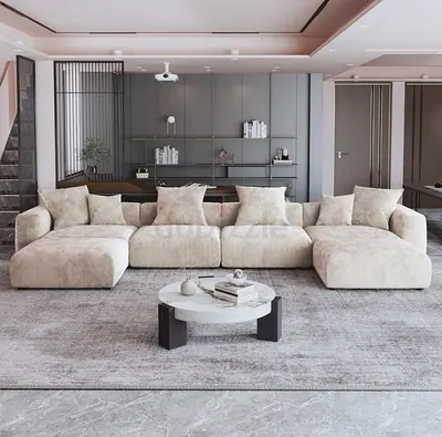 Large Modular Sectional Sofa - Beige Plush