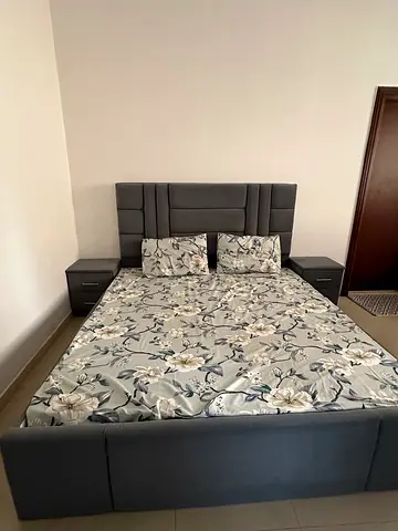 Gray upholstered double bed frame with nightstands Without Mattress