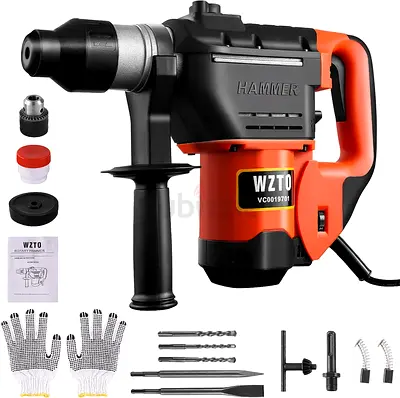 Rotary Hammer Drill, WZTO 1-1/4 Inch SDS-Plus  Hammer Drill 4700BPM 1000 RPM Heavy Duty Safety Clutc