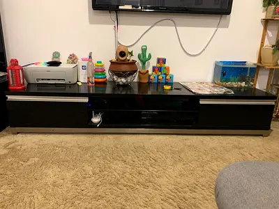 Low Black TV Entertainment Unit - Modern, Wide Storage Console
