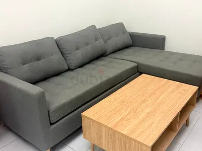 Gray L-shaped Fabric Sofa with Wooden Coffee Table - New Condition