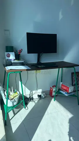 Desk (IDASEN Tabletop, brown + TILLSLAG trestle, green metal)