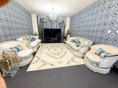 Cream and Blue Traditional Living Room Sofa Set with Rug