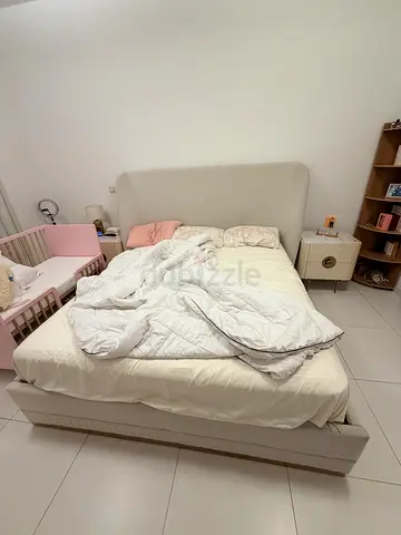 Modern Upholstered Bed Frame with High Headboard with 2 pcs of matching side table
