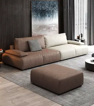 Modern Two-Tone Modular Sofa with Ottoman - Brown  Cream