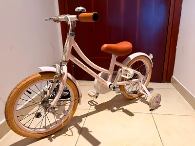 Banwood 16 Childrens Bike with Training Wheels and Basket - light pink