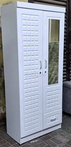 White 2-Door Wardrobe with Mirror and Drawer - Good Condition
