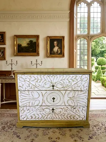 Ornate Carved Wooden Dresser with Three Drawers
