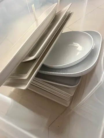 Set of white ceramic dinner plates and serving dishes - used, good condition
