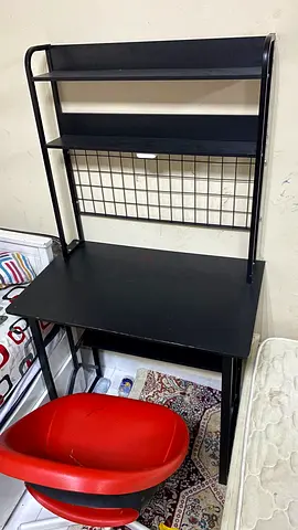 Modern Black Study Desk with Shelves and Wire Organizer