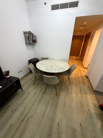 Round Marble-Top Dining Table with 4 Upholstered Chairs