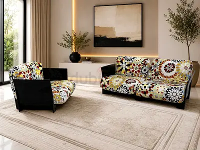 ITALIAN Floral Pattern Sofa Set with Black Wood Frame