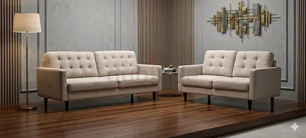 Beige Tufted 3-seater Sofa and Matching 2-seater Loveseat - Modern