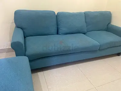 3-seater blue fabric sofa with ottoman - good condition