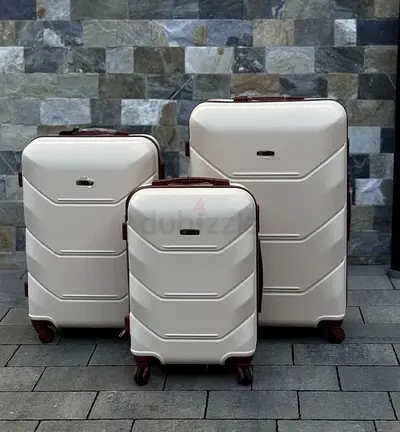 3-Piece Hardshell Luggage Set – Cream/Beige with Brown Trim (Small, Medium, Large)