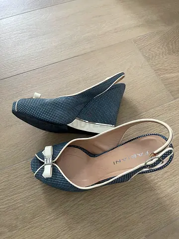 Fabiani Blue and White Polka Dot Wedge Sandals, rubber bands should be changed