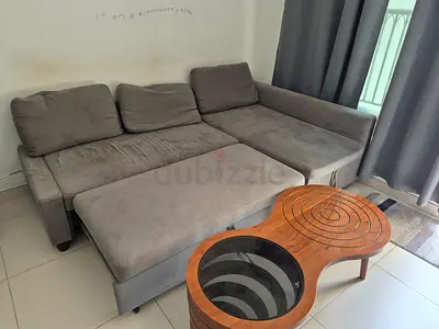 Grey L-shaped Fabric Sofa with Ottoman and Wooden Coffee Table