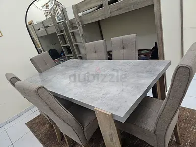 6-Seater Dining Table with Upholstered Chairs (Grey, Solid Top)