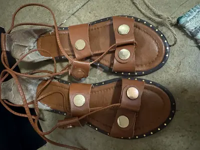 Brown leather-look gladiator sandals with ankle ties – lightly used