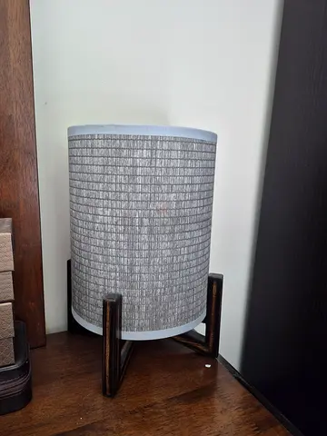 Small modern bedside table lamp with textured grey/blue shade