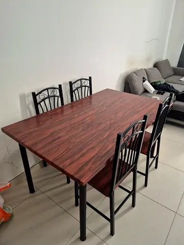 Wooden Dining Table with 4 Metal Frame Chairs - Good Condition