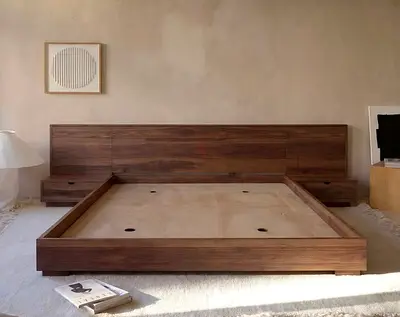 Solid wood king-size bed frame with integrated headboard and side drawers
