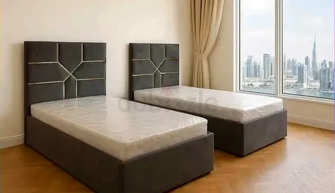 Pair of single upholstered beds with storage - grey fabric