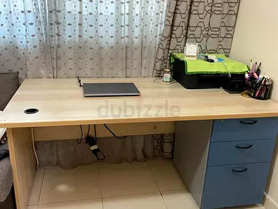 Modern Wooden Study Desk with Blue Drawer Cabinet