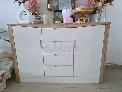 White Gloss Sideboard with Wood-Effect Frame, 2 Doors + 4 Drawers