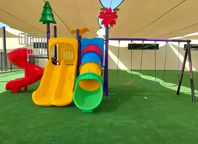 Outdoor kids playground set with slides, tunnel and swings